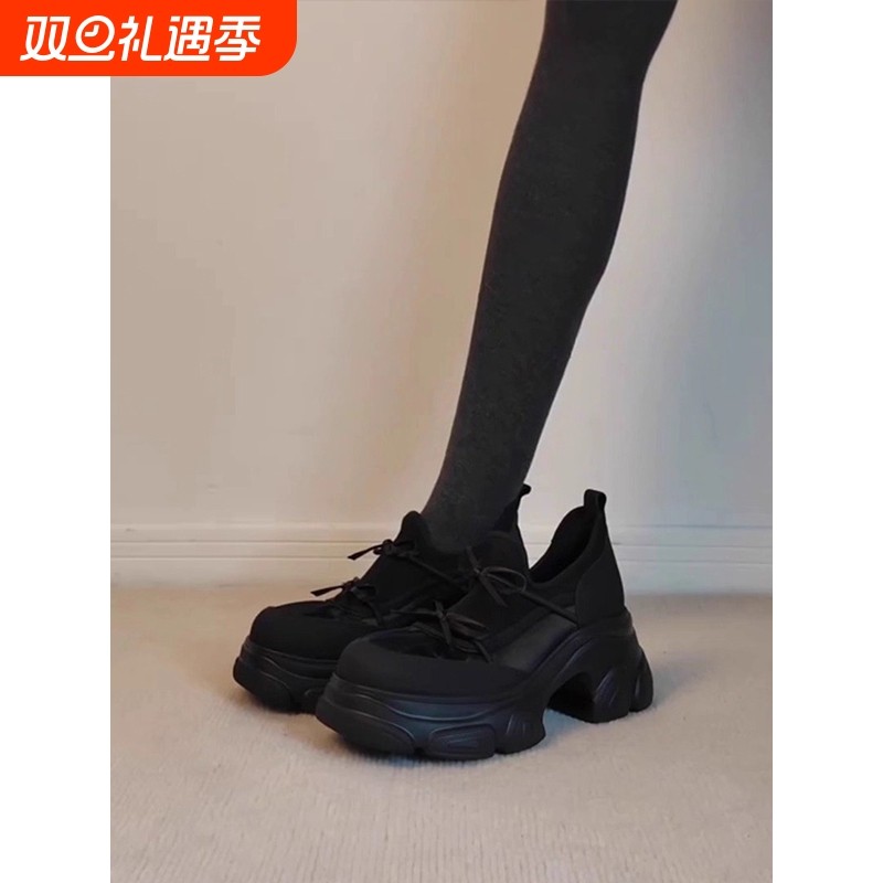 AMOROUSGARCE百搭圆头厚底粗跟英伦风休闲鞋蝴蝶结单鞋女