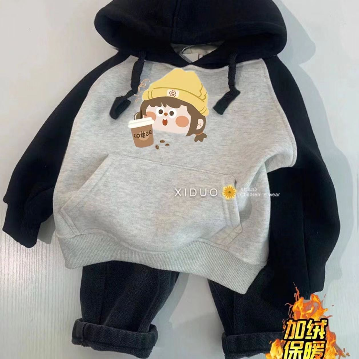 儿童纯棉卫衣加绒女童秋冬装连帽上衣洋气男宝宝中小童冬款帅气A