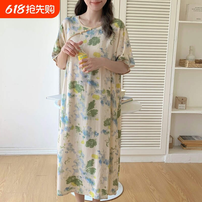 棉绸睡裙女夏新中式国风连衣裙旗袍式睡衣系龄大码长款家居服薄款