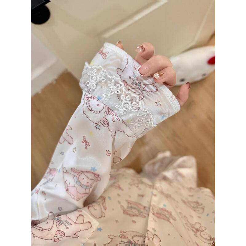 冰丝睡衣女春夏季蕾丝边长袖2026新款卡通丝绸可爱少女薄款家居服