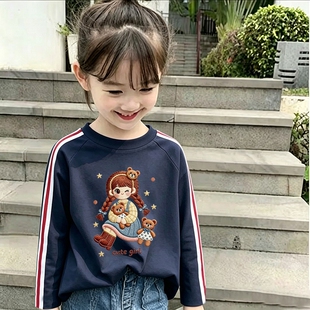 纯棉美式三条杠T恤女春秋新款宽松中大童上衣长袖体恤儿童打底衫