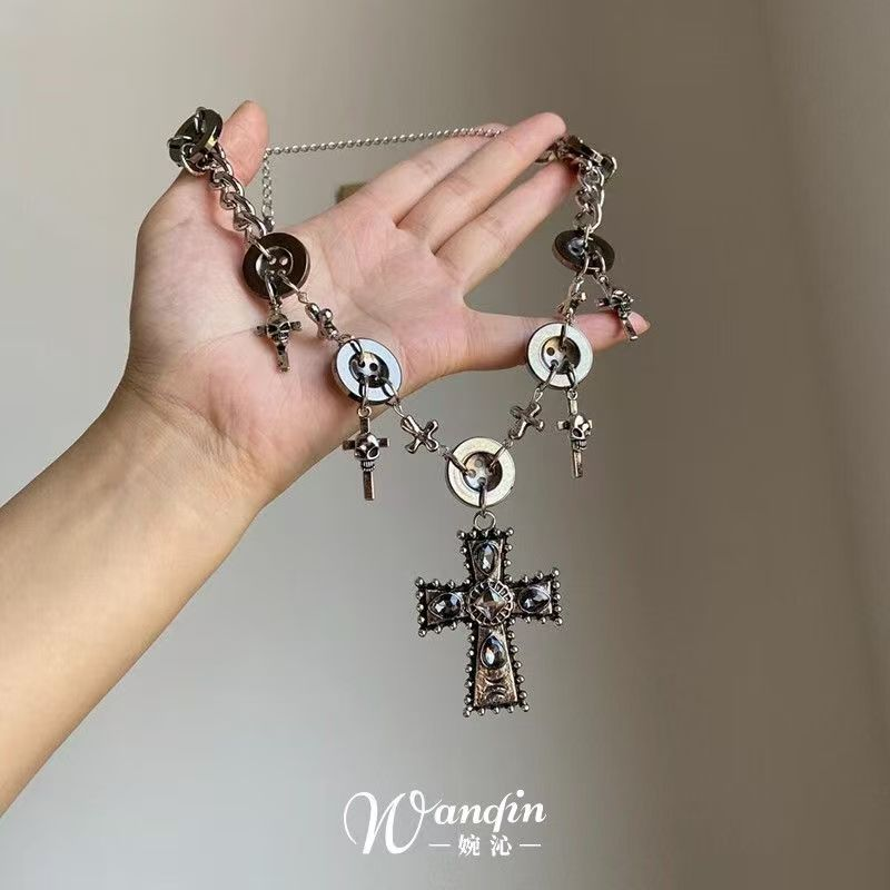 「黑暗契约」朋克风重工十字架纽扣项链亚文化小众个性哥特锁骨链