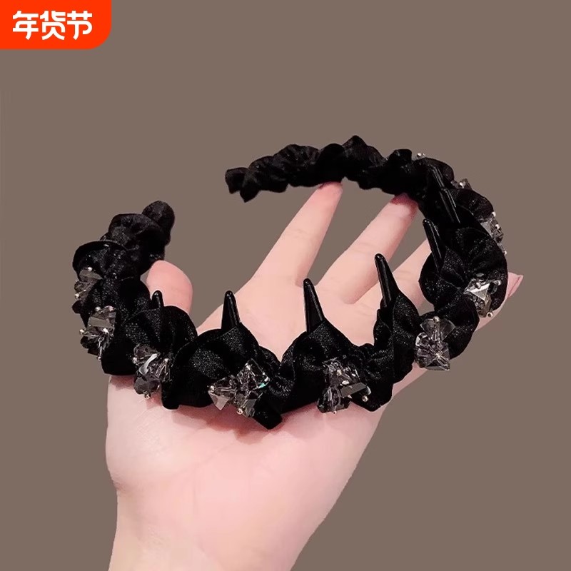 防滑洗脸水钻发箍女2025新款轻奢外戴带齿黑色发卡发饰高颅顶头箍