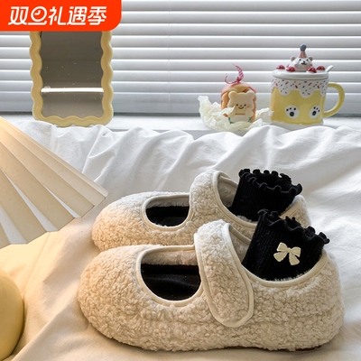 法式加绒魔术贴毛毛鞋女2025秋冬新款复古平底玛丽珍棉鞋灰色白色