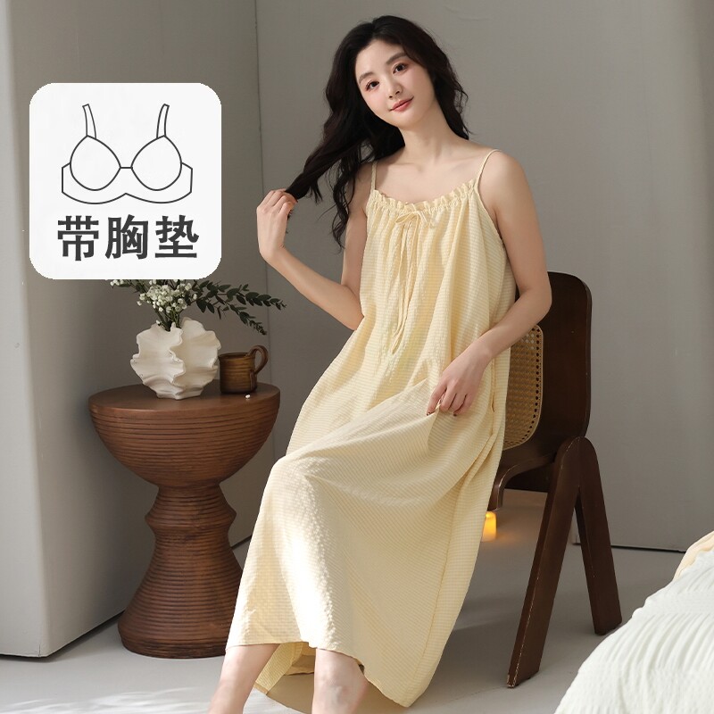 带胸垫一体吊带睡裙女夏云朵棉新款中长裙薄款睡衣可外穿家居服
