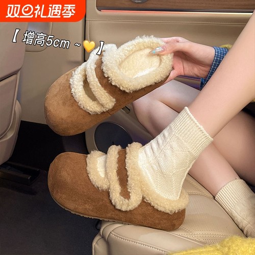 厚底加绒魔术贴勃肯鞋包头毛毛半拖鞋女外穿2025秋冬新款棉拖鞋子
