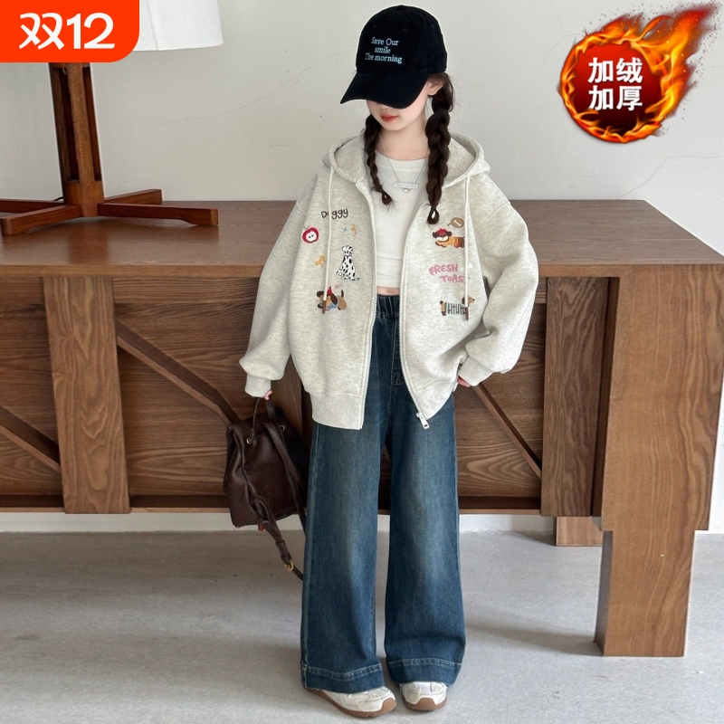 女童加绒卫衣外套秋冬款2025新款洋气中大童儿童加厚保暖女孩上衣