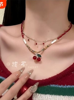 甜意夏日樱桃吊坠项链女小众设计锁骨链精致串珠配饰蝴蝶结水果