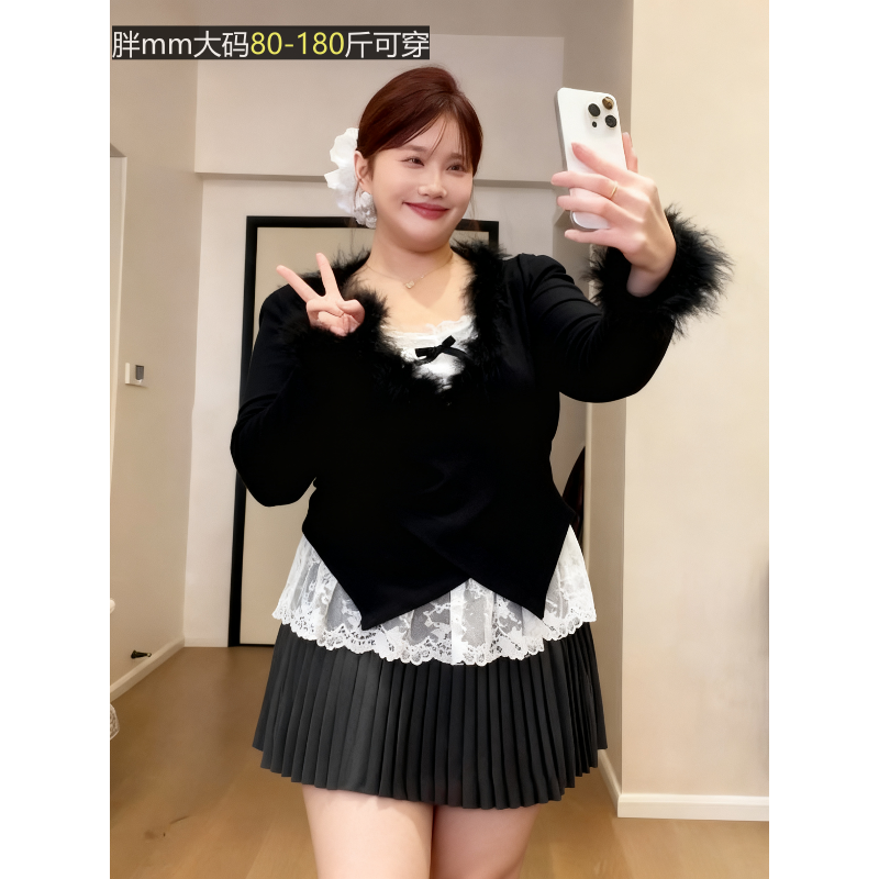 甜辣妹大码时尚套装女黑色拼接修身上衣蕾丝打底衫百褶短裙三件套