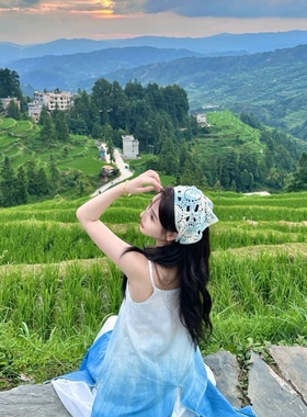 2026新款田园头巾三角巾女旅游镂空发带头饰海边三角形扎染川西
