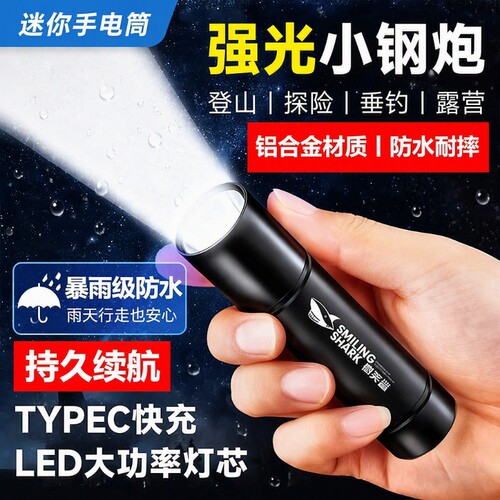 微笑鲨迷你手电筒小型强光充电小便携户外家用学生灯防水照明应急