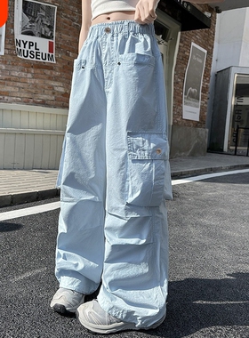 女童工装裤春夏季新款儿童裤薄款大童女孩直筒夏款初中生白色蓝色