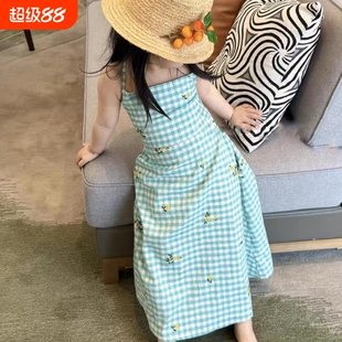 女宝宝夏季格子印花连衣裙女童夏装露背长裙子儿童装韩系吊带裙