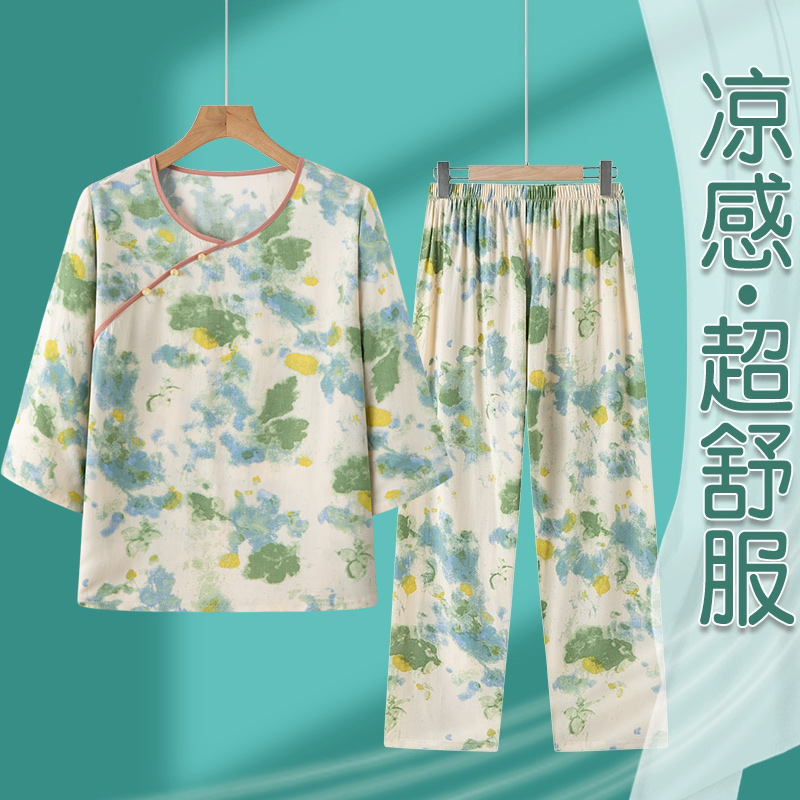 棉绸夏季睡衣套装女中国风妈妈家居服可外穿两件套中老年2025新款