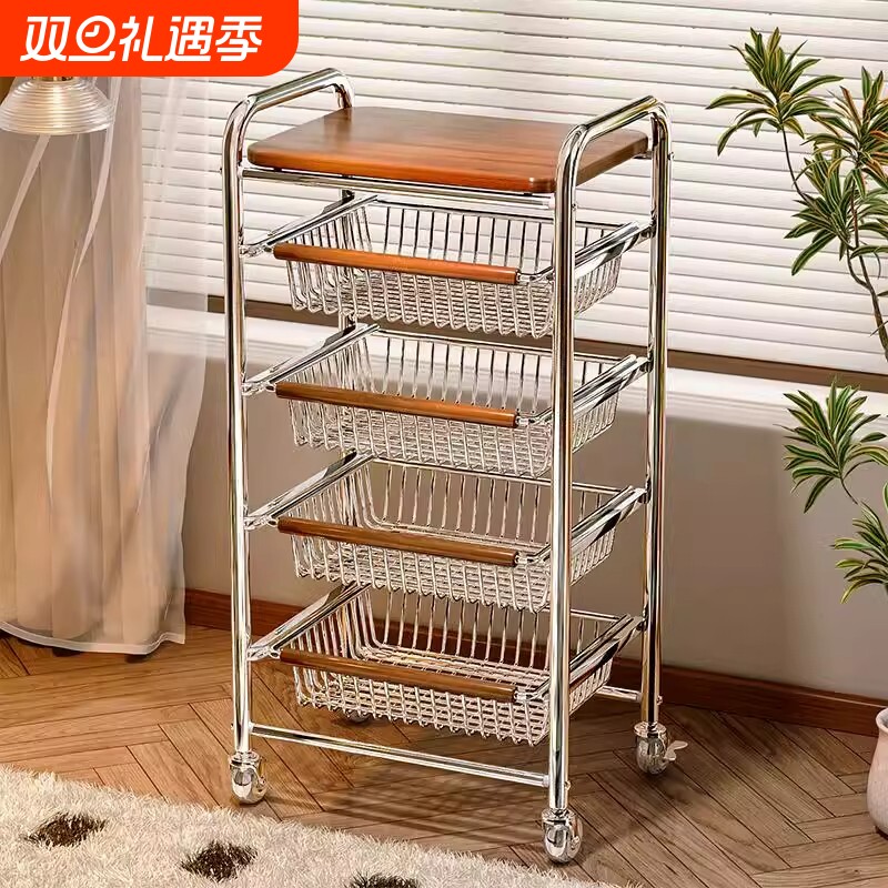 中古风零食置物架多功能夹缝小推车多层果蔬厨房菜篮可移动收纳架