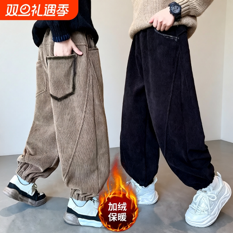 潮牌男童灯芯绒束脚卫裤加绒加厚
