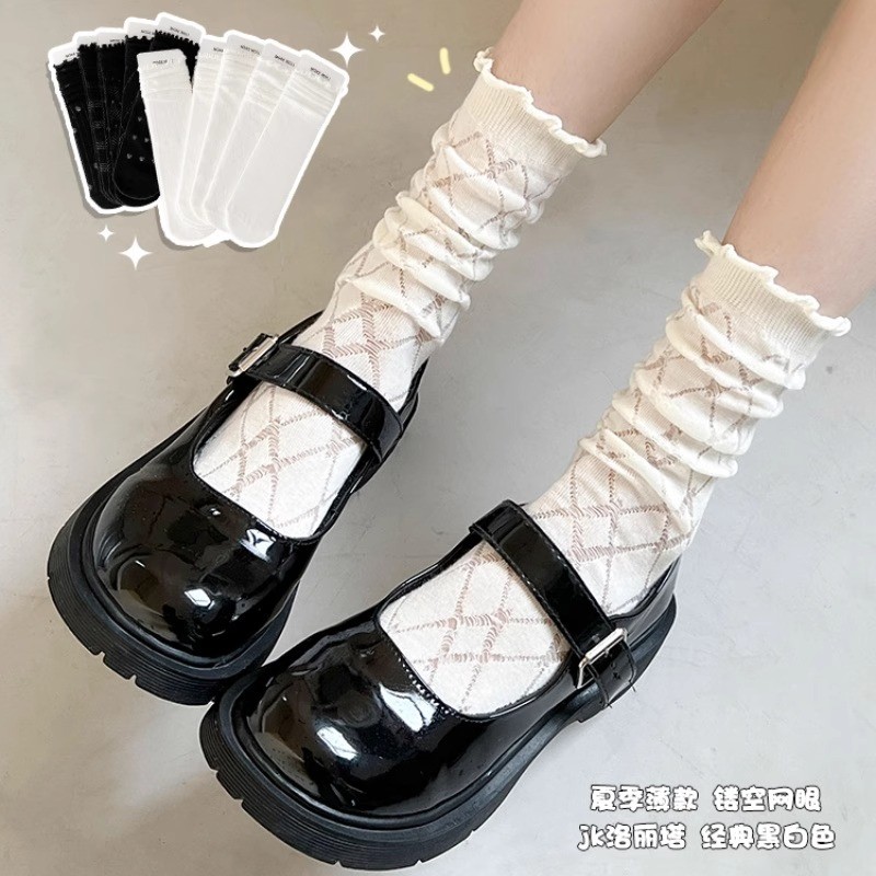 袜子配小皮鞋儿童夏季薄款白色花边袜中筒袜网眼夏天女大童堆堆袜