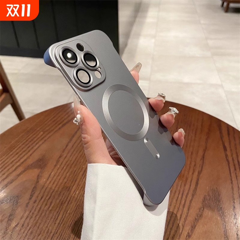 适用iPhone16磁吸护镜磨砂无边框手机壳16promax手机壳裸感亲肤磨砂磁吸iphone15无边框镜头膜14promax防摔13