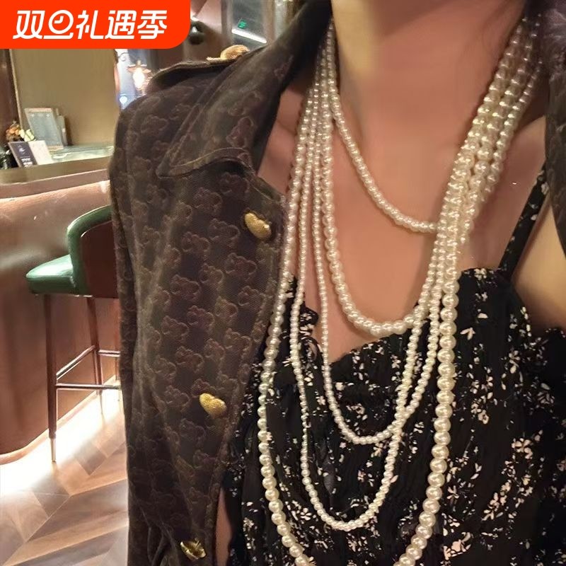 秋冬复古时尚高级感珍珠多层叠搭项链气质长颈链毛衣链2025年新款