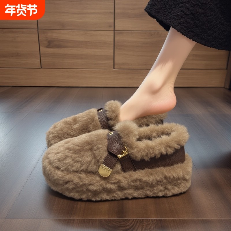 羊羔绒毛毛鞋女秋冬新款外穿厚底加绒懒人舒适美拉德棕色豆豆棉鞋,女鞋,棉鞋,淘宝优惠券,粉丝福利购,淘宝优惠卷