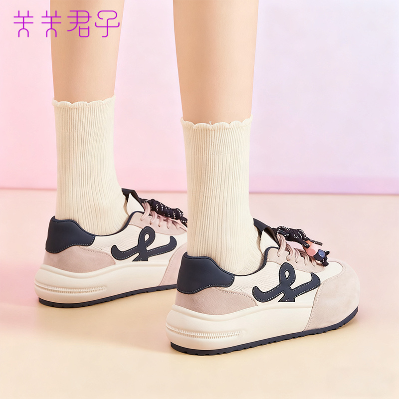 防滑厚底板鞋女内增高6CM新款百搭绑带休闲时尚轻便显瘦德训鞋女