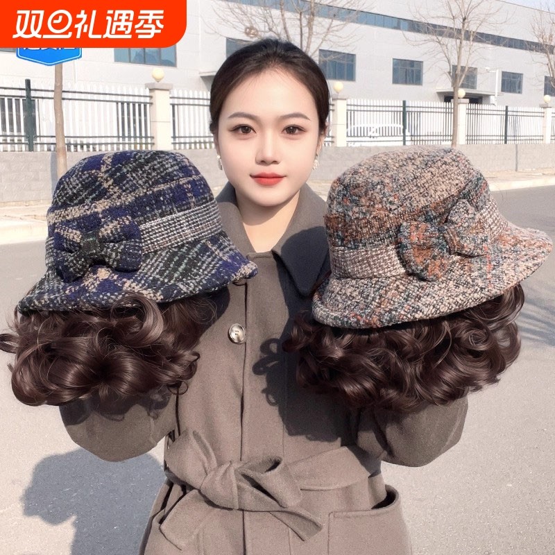 假发帽子女新款中老年洋气妈妈新年渔夫帽子时尚礼帽全头套帽卷发