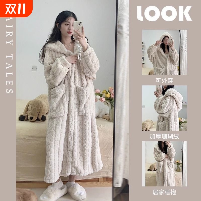秋冬季睡衣女珊瑚绒中长款睡袍法兰绒加厚学生家居服2025新款加绒