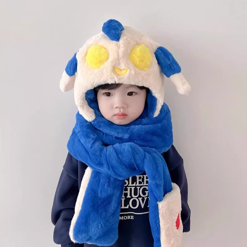 儿童帽子围巾手套三件套秋冬加绒围脖一体男孩女童宝宝毛绒帽会动