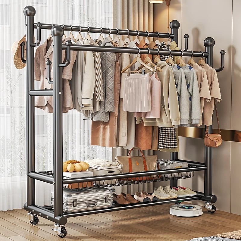 挂衣架卧室落地家用房间室内双杆衣服架子可移动衣帽架双层阳台