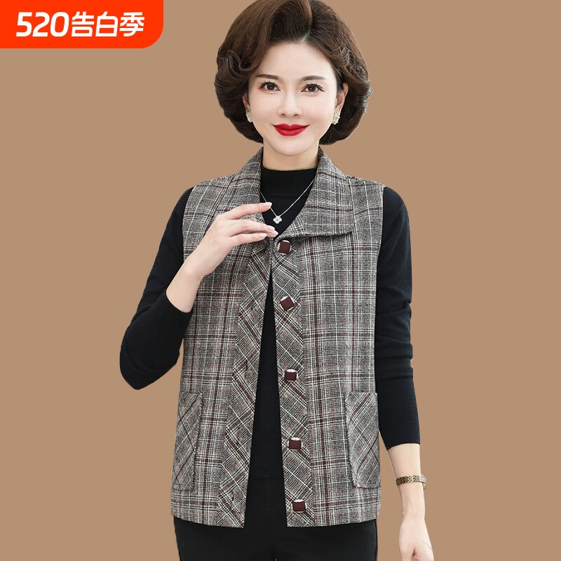 开春中老年人妈妈秋装格子马甲外套中年女装时尚春秋坎肩衣服薄款