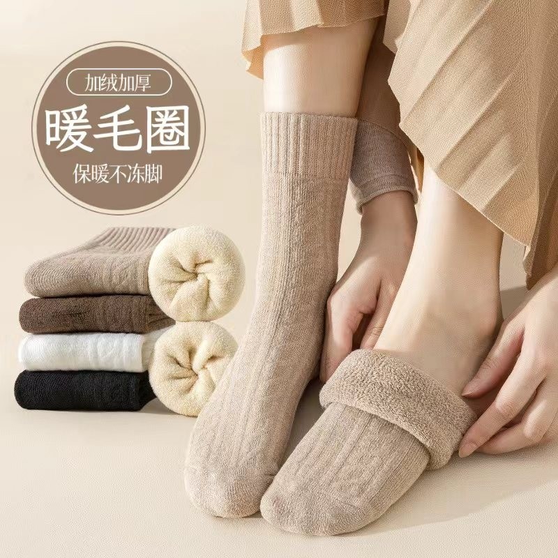 厚袜子女秋冬季加绒加厚保暖中筒袜子麻花纹理爆款毛圈袜月子长袜