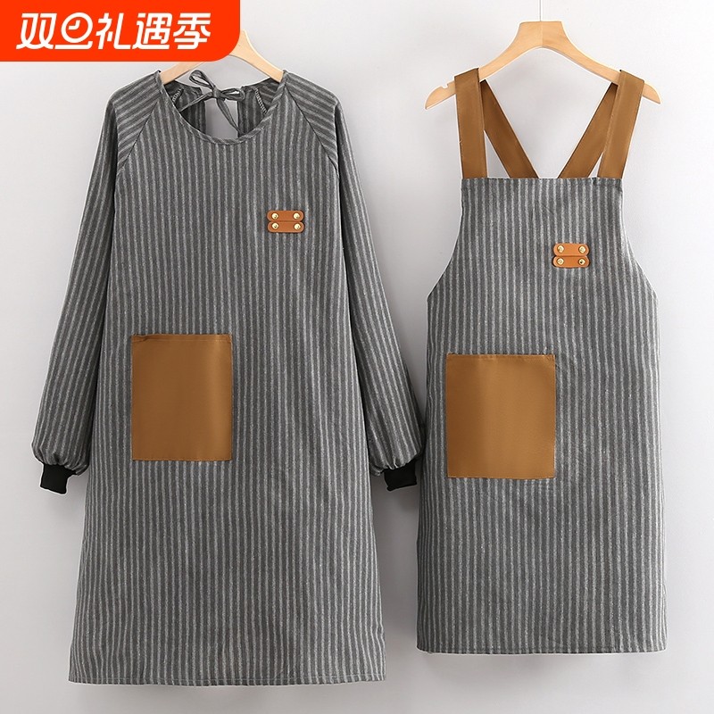防污厨房家用罩衣女时尚长袖围裙简约棉布耐磨护衣餐饮专用围腰男