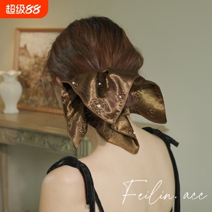 妃琳法式复古珍珠方巾发圈高级感丸子头半扎发方形头绳发绳独特