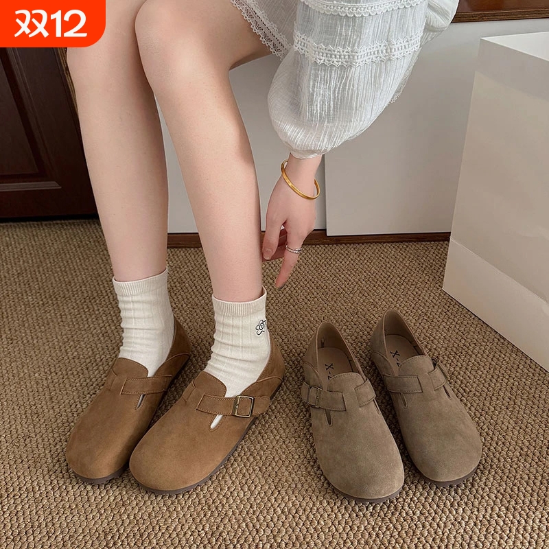 勃肯鞋女2025春秋新款爆款平底鞋百搭一脚蹬软底单鞋内增高卡其色