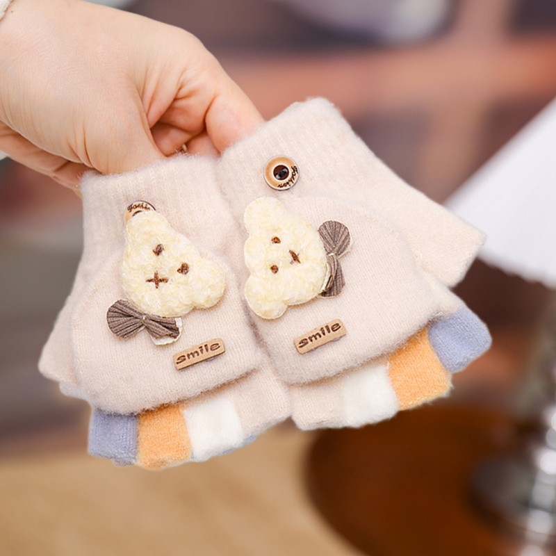 秋冬季儿童手套半指翻盖露用毛绒五指针织小童保暖学生写字男女童