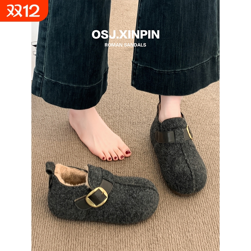 厚底灰色加绒勃肯鞋女鞋2025新款爆款秋冬毛呢鞋软底保暖博肯棉鞋