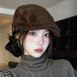 麂皮绒前进帽子女鸭舌帽子大头围文艺复古贝雷帽显脸小适合方圆脸