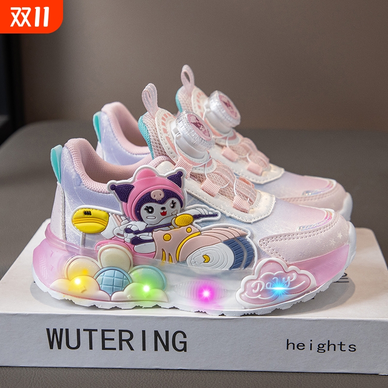 旋转纽扣儿童运动发光鞋2025春秋新款女童学生小女孩灯鞋子皮面