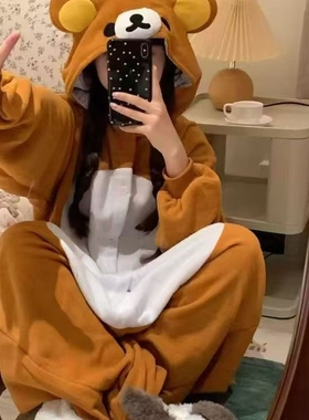 卡通轻松熊睡衣珊瑚绒连体女冬季加绒毛绒睡袍连体衣可外穿萌系