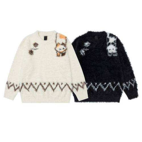 美式复古vibe小猫提花防貂毛针织衫男冬季潮牌加厚情侣青少年毛衣