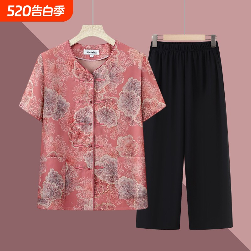 中老年人女装妈妈夏装短袖衬衫套装2026老太太老人上衣服红色薄款
