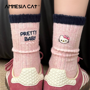 可爱卡通袜子女中筒袜韩系hellokittyAB袜棉袜ins潮秋冬粉色长袜