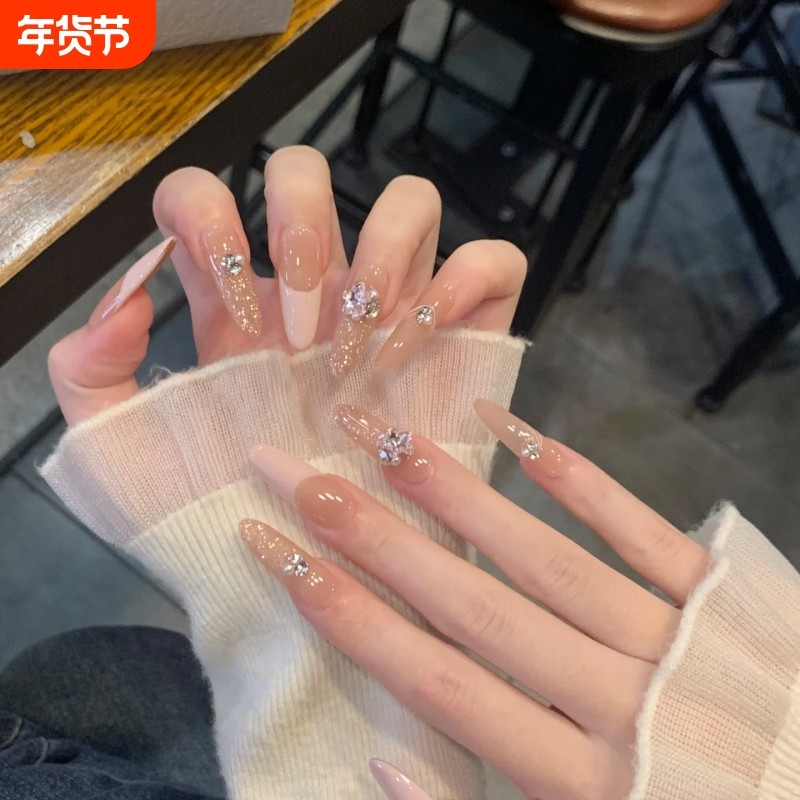 2025春季新款清透裸色纯欲风桃花蝴蝶显白美甲成品手工穿戴甲,彩妆/香水/美妆工具,穿戴甲/甲片,淘宝优惠券,粉丝福利购,淘宝优惠卷