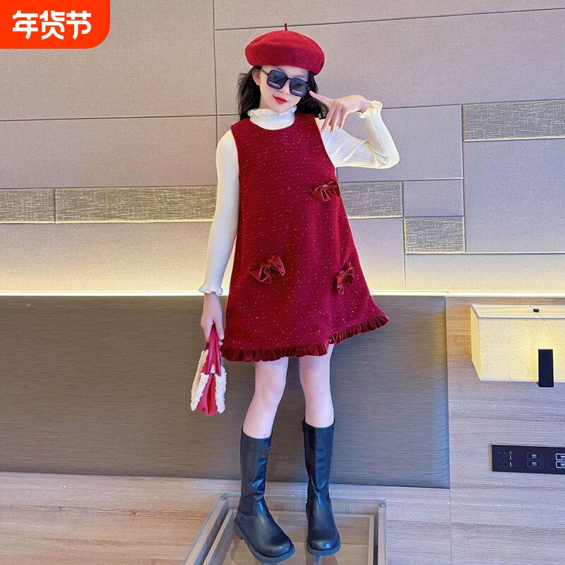 新年女童红色连衣裙套装2026新款拜年服背心裙毛衣两件套潮裙子