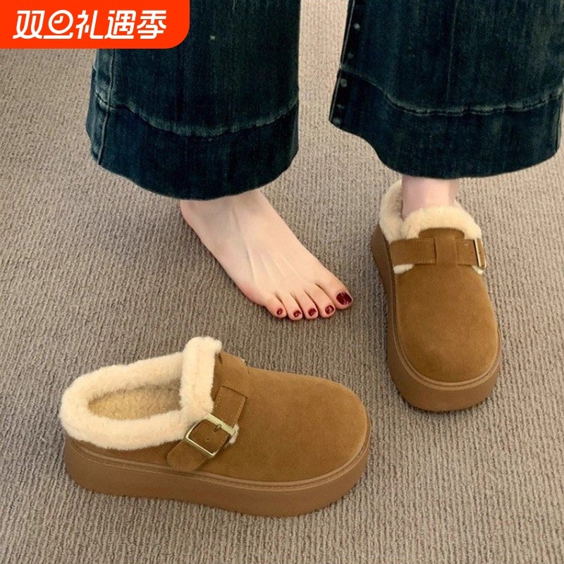 毛毛拖鞋女外穿2025新款秋冬加绒包头棉拖鞋厚底勃肯半拖雪地靴女