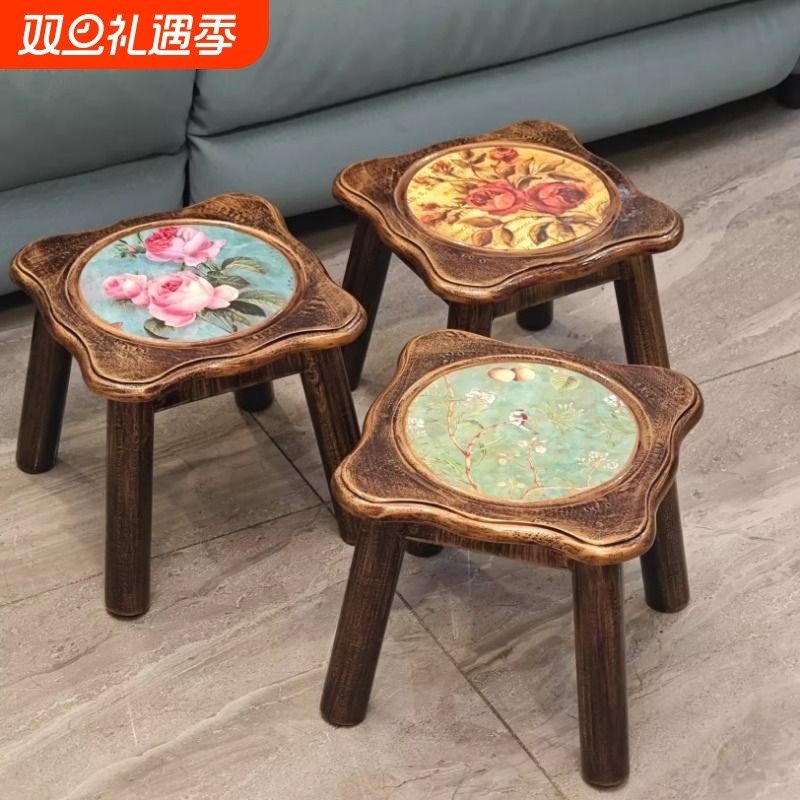 美式乡村小凳子实木家用换鞋凳欧式田园矮凳圆凳复古做旧艺术新款