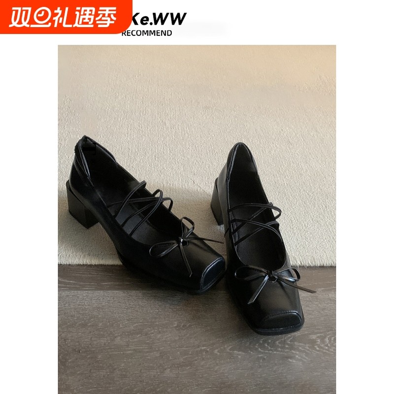 公主鞋方头小众法式绝美复古蝴蝶结玛丽珍浅口单鞋女中粗跟不累脚