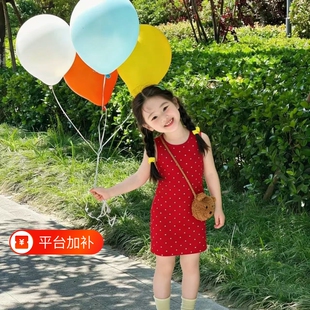 女童裙子连衣裙夏季波点红色背心女宝宝夏款洋气紧身儿童装夏装潮