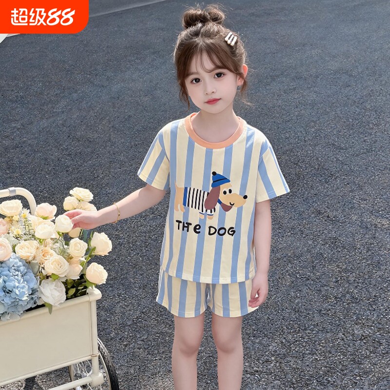 莫代尔儿童睡衣夏季女孩中大童薄款短袖短裤女童卡通家居服套装夏