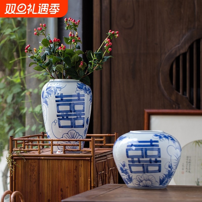 青花瓷花瓶景德镇陶瓷器花瓶插花喜字仿古中式家居客厅小装饰瓷瓶